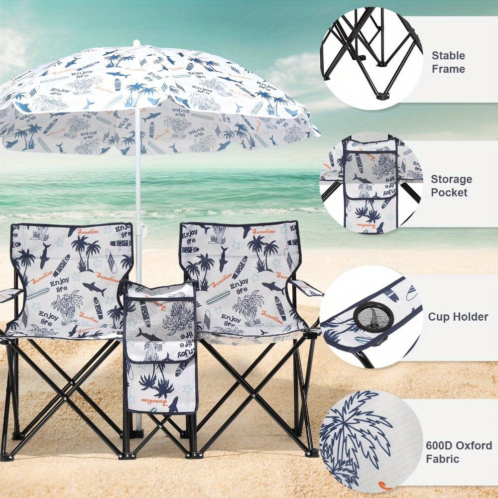 Folding Fishing Chair with Sun Umbrella – 2-Seat Portable Outdoor Chair, Iron Alloy Frame & Oxford Fabric, Built-In Storage Bag & Carry Bag, for Beach, Patio, Camping & Sunbathing, 4 Colors
