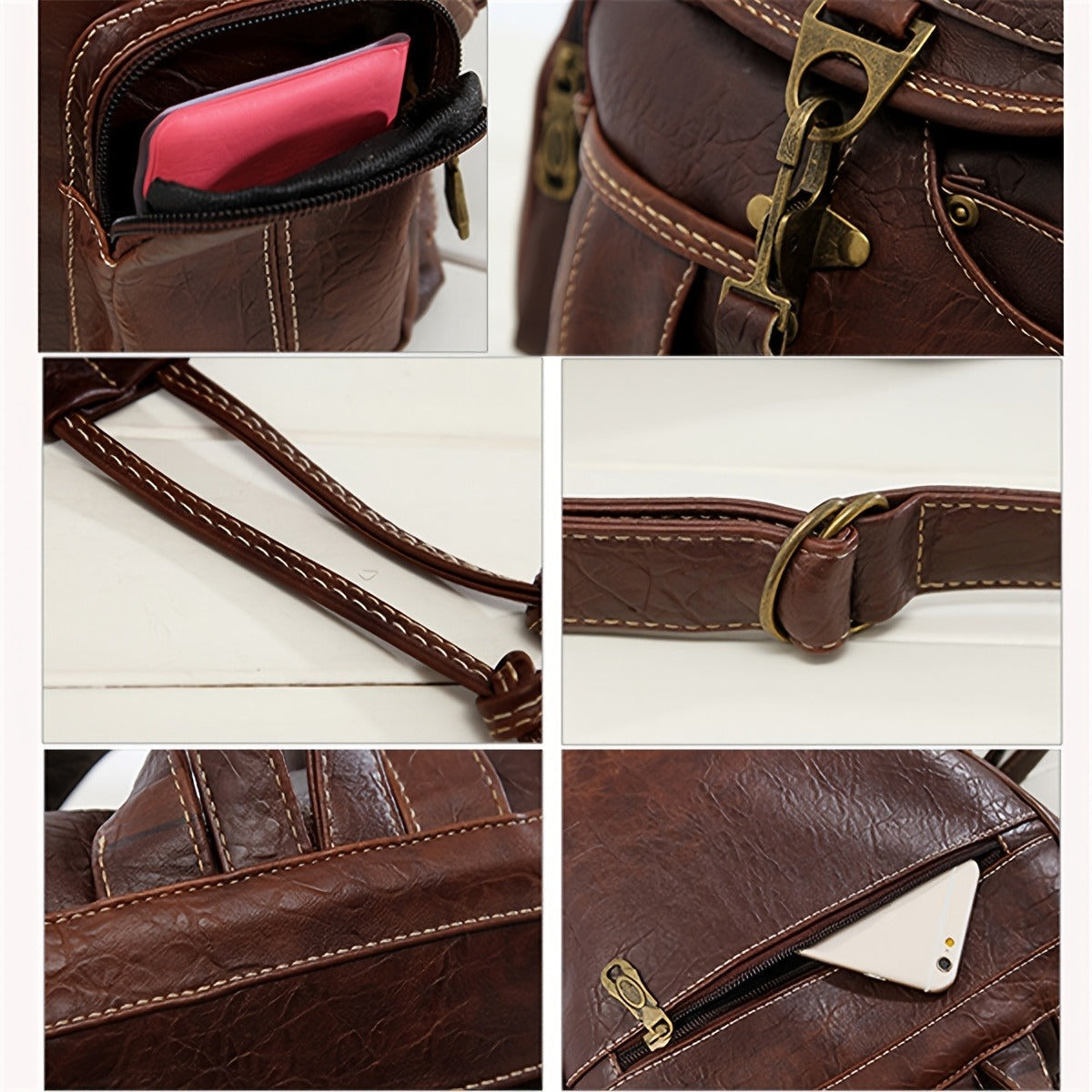 Vintage PU Leather Backpack Shoulder Satchel Multi-Carry Water Resistant Geometric Pattern Zipper Adjustable Strap for Men Women School Travel