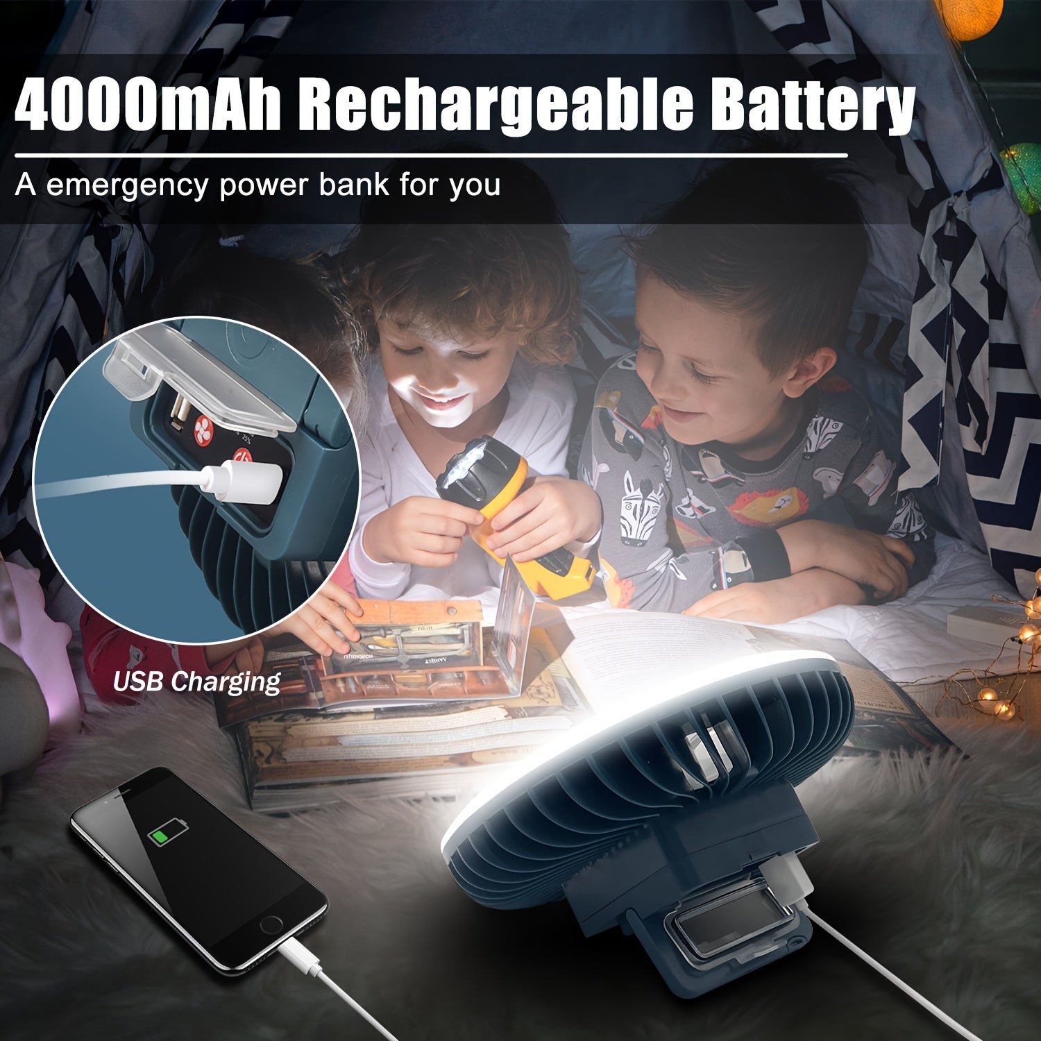 Rechargeable Camping Fan with LED Light – 2-Pack USB Tent Fan with Hook & Magnet, Portable Battery-Powered Fan for Outdoor Hiking, Car, Office, Desk & Emergency Survival Kit