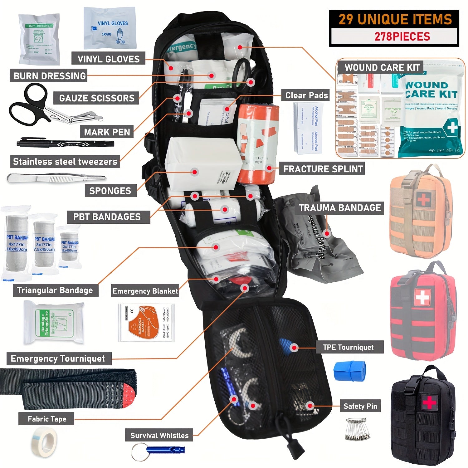 Tactical IFAK Kit 278 Piece Outdoor Emergency First Aid Set Hiking