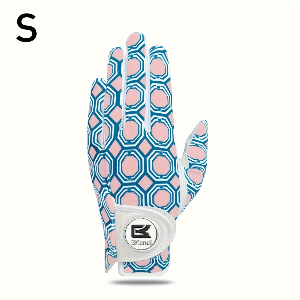 Women's Golf Gloves Left Hand with Ball Marker – All-Weather Grip Leather Golf Glove for Ladies Right-Handed Golfers, Colorful Design, Sizes S M L – Pink & Blue
