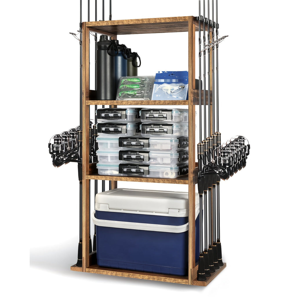 Wood Fishing Rod Holder for Garage Wall Mount – Holds Up to 10 Rods, Pole Rack with Tackle Storage Organizer, Fishing Gear Equipment Rack, Perfect Fishing Gifts for Men Dad