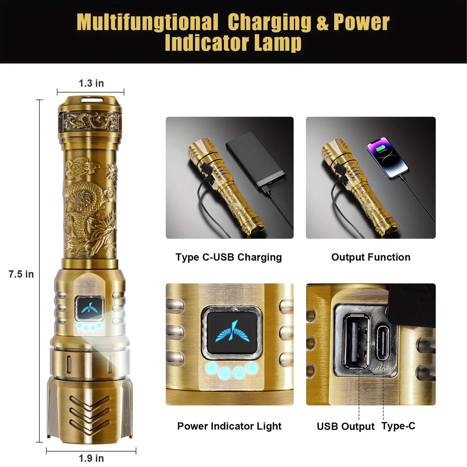 Rechargeable Flashlight 4000mAh - 1000 Lumen Dragon Pattern LED Torch, Zoomable Beam, Fire Starter Lens, 4 Modes, Aluminum Alloy for Camping, Outdoor & Emergency Use