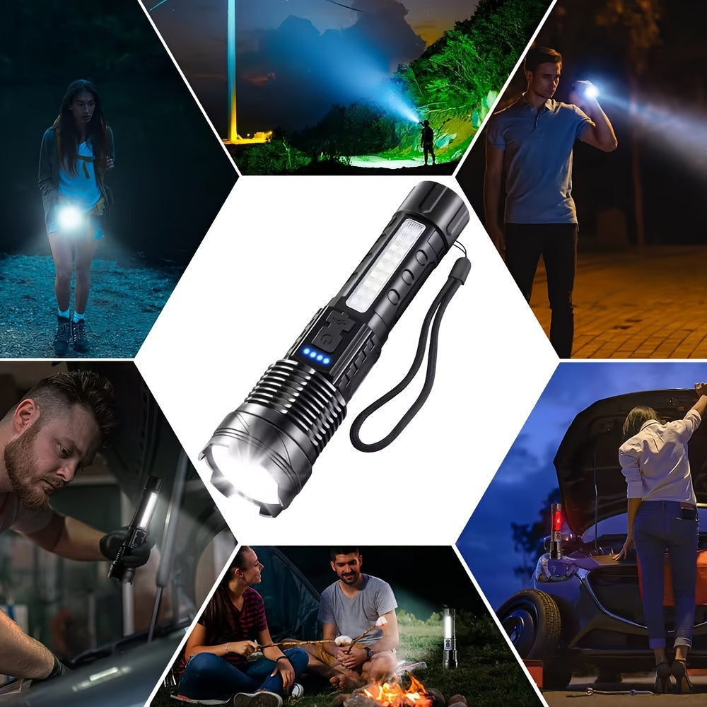 COB LED Flashlight Rechargeable – LED + COB Dual Light Source, Adjustable Floodlight, USB Rechargeable 1500mAh, Buy 1 Get 1 Free, Waterproof Torch for Camping, Fishing, Hunting & Emergency, Great Father’s Day Gift