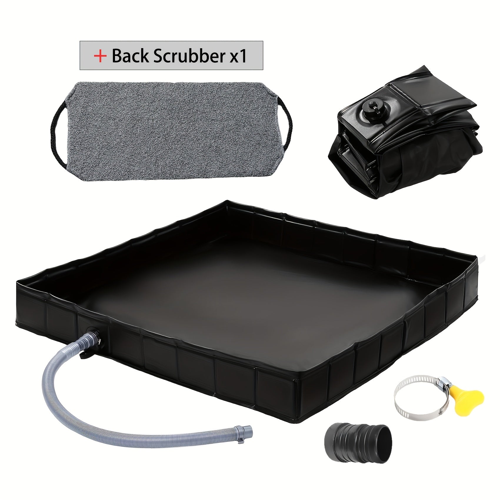 Foldable Shower Base 41"x41" Portable Shower Pan with Drain Pipe – Collapsible Shower Basin for Camping Tent, Indoor & Outdoor Use, Black – Includes Back Scrubber