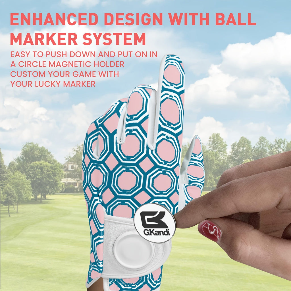 Women's Golf Gloves Left Hand with Ball Marker – All-Weather Grip Leather Golf Glove for Ladies Right-Handed Golfers, Colorful Design, Sizes S M L – Pink & Blue