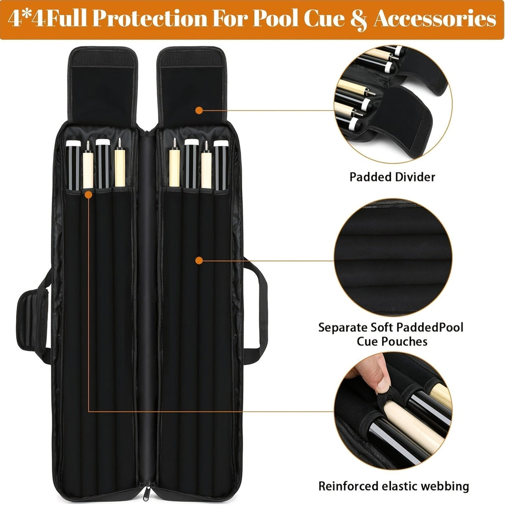 Pool Cue Case 4x4 with Hidden Backpack Strap | Billiard Cue Bag Holds 4 Butts & 4 Shafts | Hard Shell Pool Stick Carrying Case with Large Front Accessory Pockets | Black