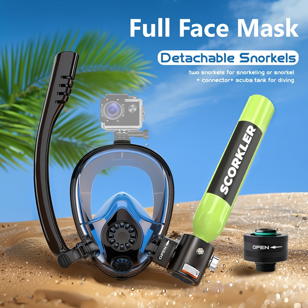 Mini Scuba Tank & Full Face Snorkel Mask Set with Hand Pump - 0.5L 6061 Aluminum Diving Tank, 180° Wide View Anti-Fog Mask, 200 Bar Capacity, 35 Breaths Underwater, for Snorkeling Exploration Diving Beginners