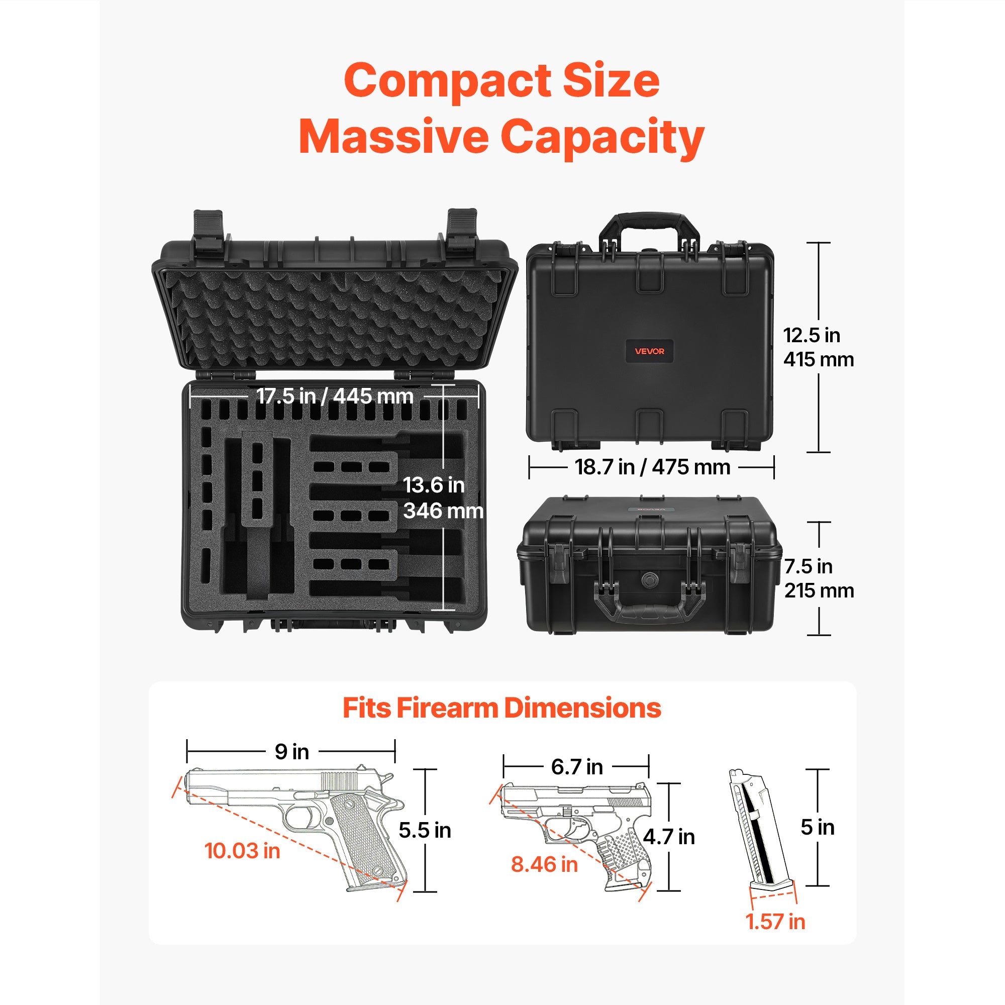 Hard Gun Case with Modular XPE Foam Interior – Heavy Duty Pistol Storage Box with Metal Hinges, 4 Lock Holes & Pressure Valve, Fits Glock & 6 Magazines, 18.7x12.5x7.5 in