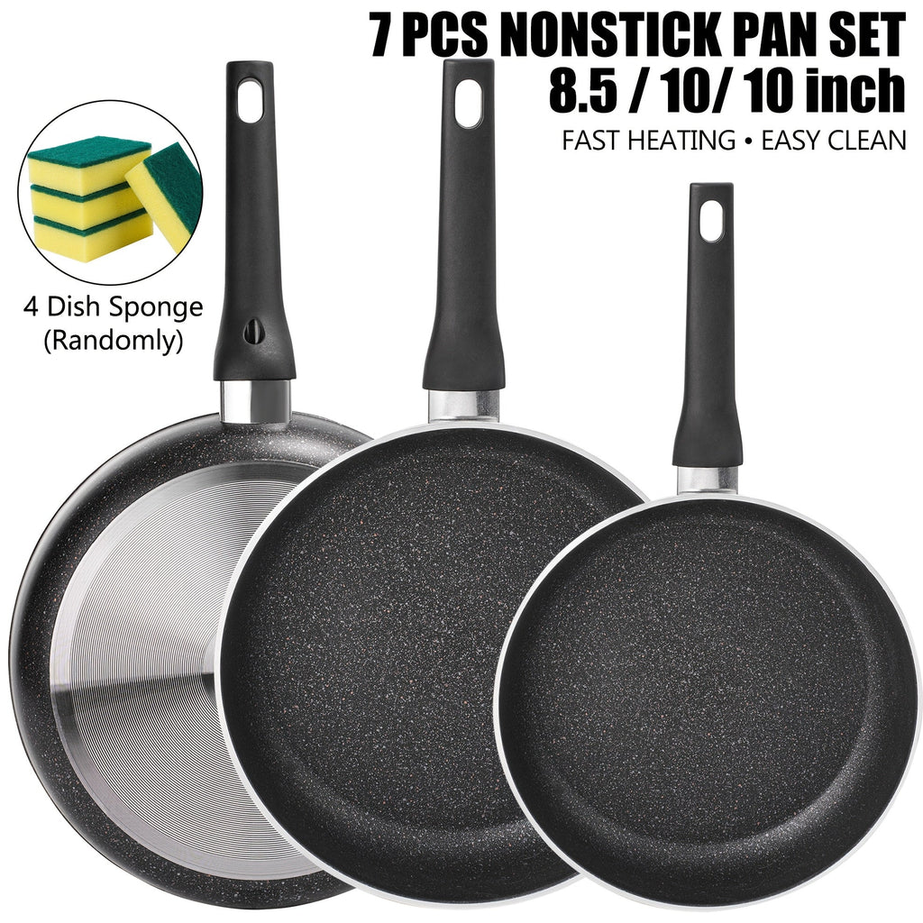 Nonstick Frying Pan Set 7pcs – 8.5" & 10" Aluminum Skillets with Deep Frying Pan, Fast Heating, Easy Clean – Durable Cookware Set with 4 Dish Cloths for Home Kitchen & Camping