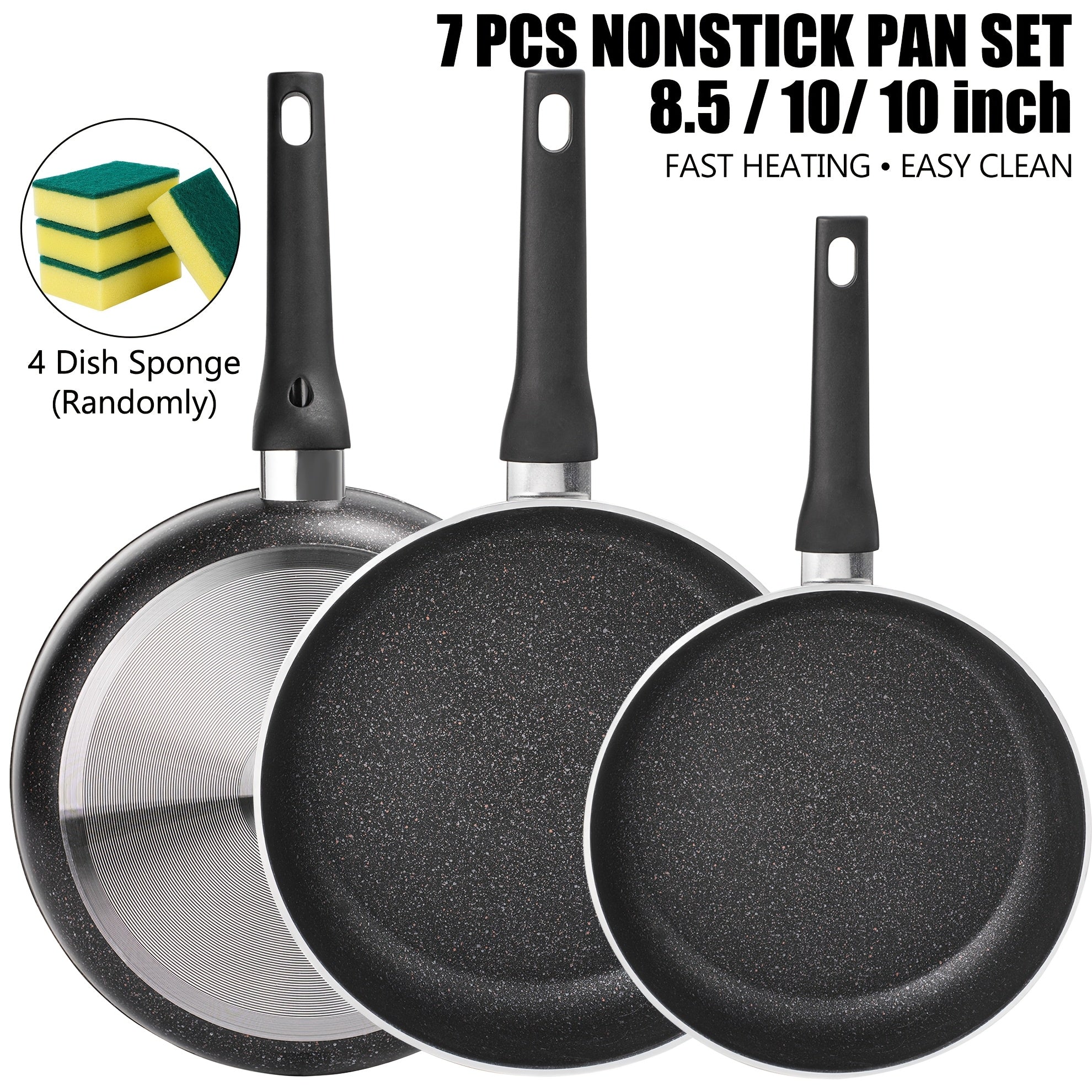 Nonstick Frying Pan Set 7pcs – 8.5" & 10" Aluminum Skillets with Deep Frying Pan, Fast Heating, Easy Clean – Durable Cookware Set with 4 Dish Cloths for Home Kitchen & Camping