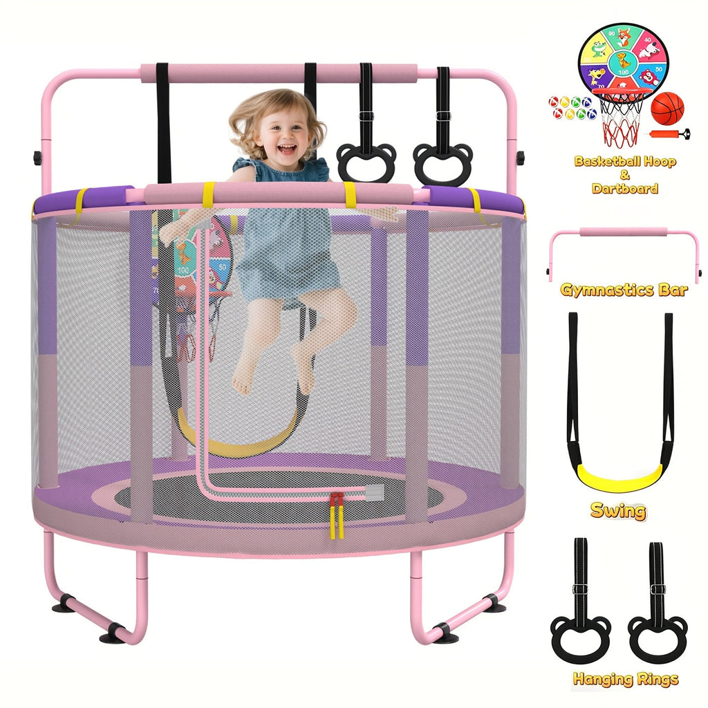 60 Inch Kids Trampoline 6-in-1 with Safety Net Enclosure, Basketball Hoop, Swing, Dart Board & Gymnastic Rings – Indoor Outdoor Toddler Trampoline for Boys Girls, 5ft Fun Activity Center