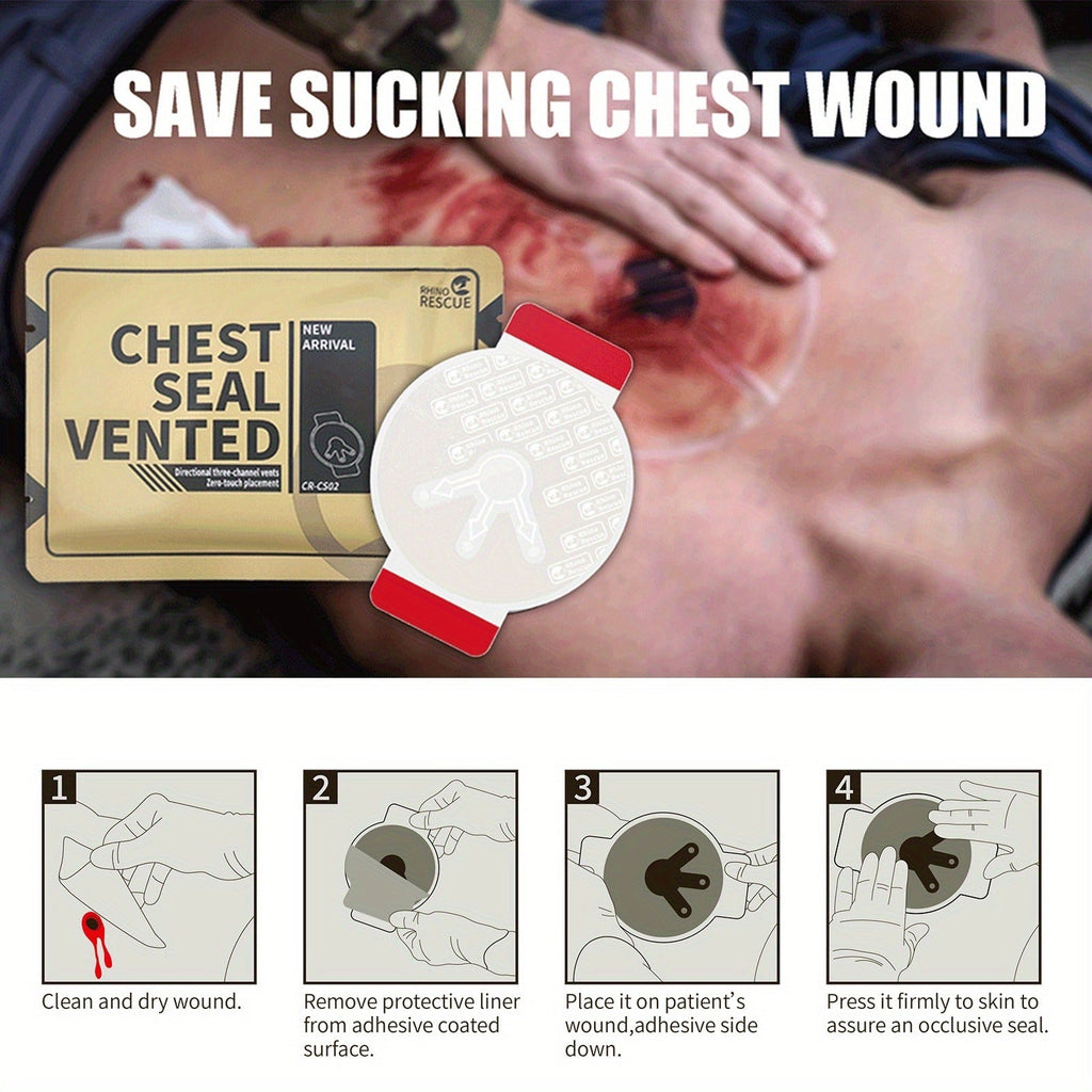 Non-Vented Chest Seal Emergency Trauma Dressing for Sucking Chest Wounds, Portable IFAK Medical Supply PA Nylon FSA HSA Eligible, Pack of 2 or 6 Tactical First Aid Chest Seal