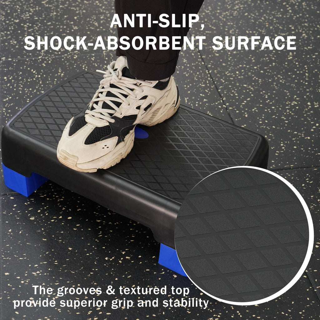 Aerobic Step Platform Adjustable Height with 2 Risers – Non-Slip Workout Stepper 18"x11", 440 LB Capacity, Space-Saving Design for Home Gym Cardio, Strength & Toning, 4 Color Options