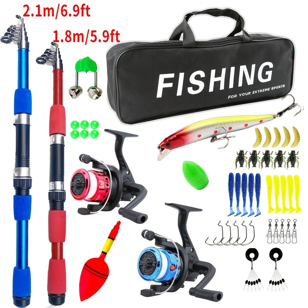 Beginner Fishing Rod & Reel Set – Couple Double Rod Wheel Kit with Red & Blue Fishing Poles 70.87" & 82.68", Complete Fishing Gear Equipment for Beginners Kids Men Women, Freshwater Starter Pack