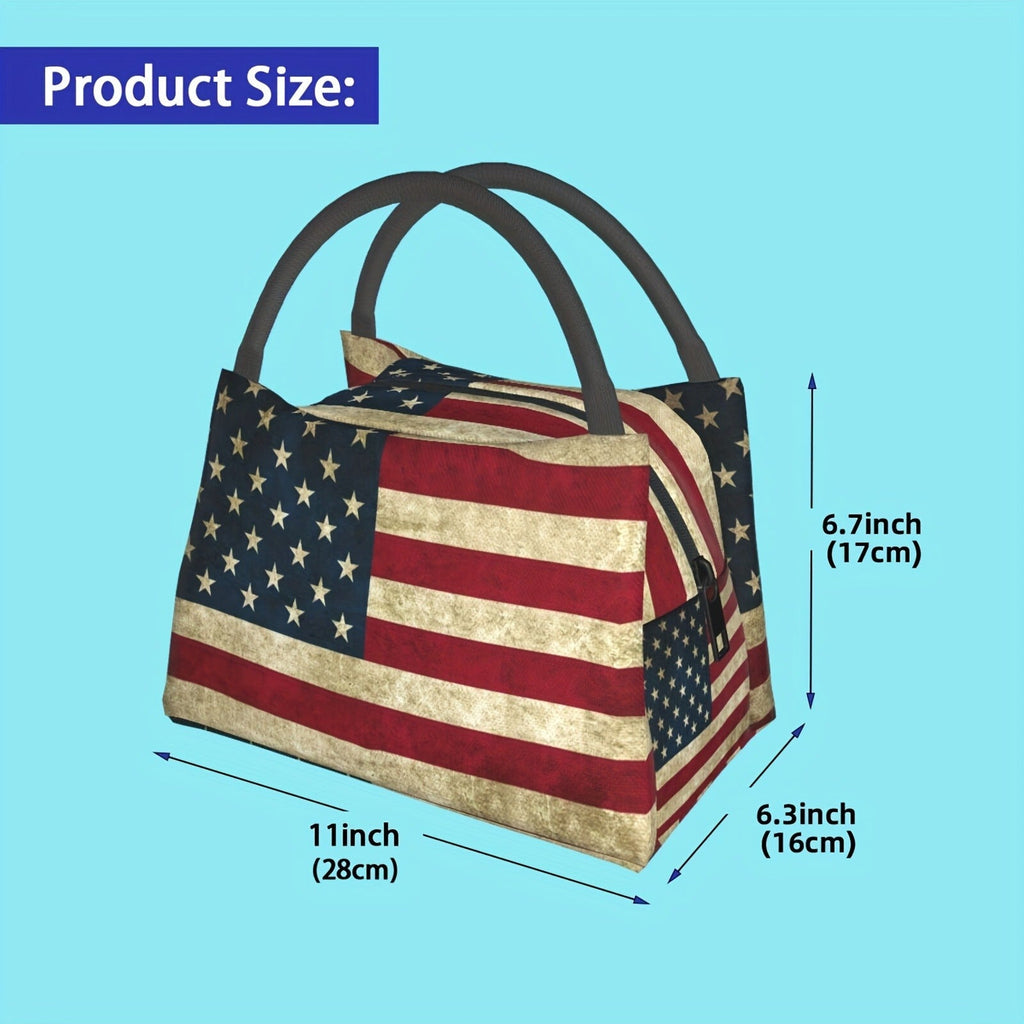 Retro Insulated Lunch Cooler Bag 11"x6.3"x6.7" Portable Reusable Independence Day Themed Leakproof Lunch Box for Camping Picnic Beach Office Worksite Restaurant Home Use Men Women