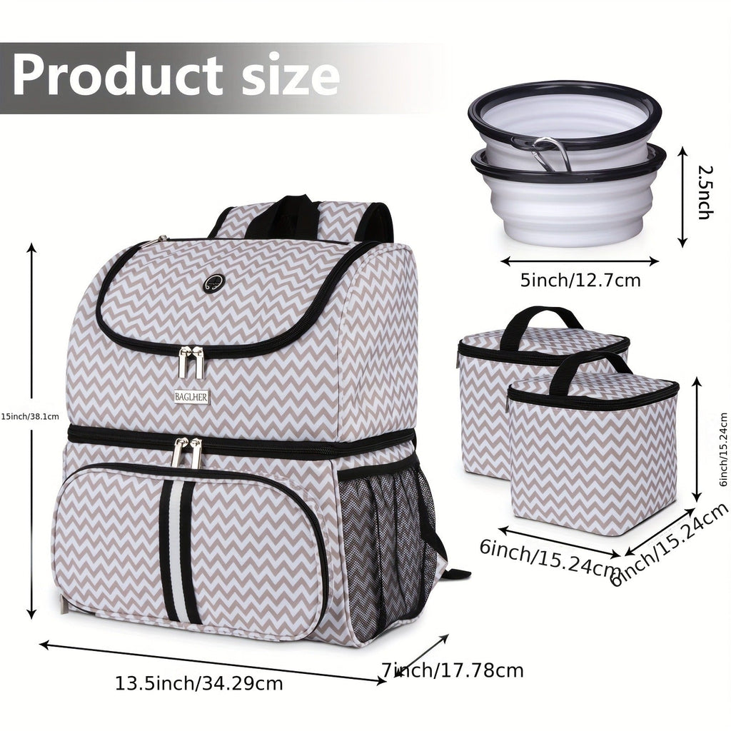 Pet Travel Backpack Double Layer Dog Cat Supplies Bag with 2 Collapsible Bowls 2 Food Baskets Portable Organizer for Outdoor Hiking Camping Road Trip