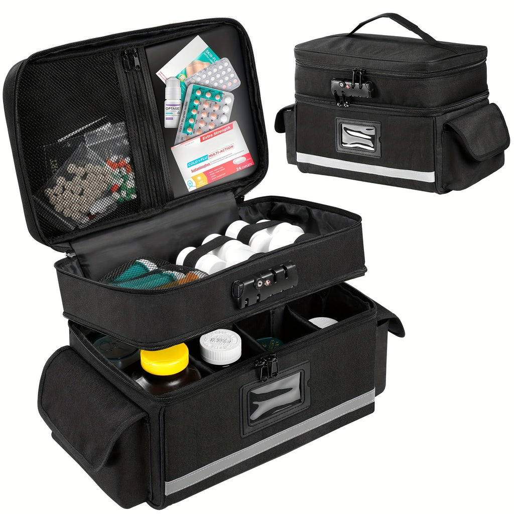 Lockable Medicine Organizer Bag with Combination Lock, Double-Layer Large Capacity Pill Bottle Storage Case for Prescription Bottles First Aid Supplies Home Travel, Portable Medication Carry Bag Red Grey Black