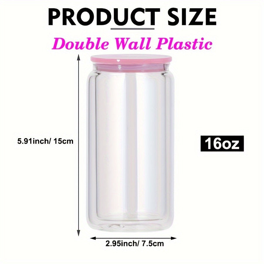 Clear Plastic Snow Globe Tumblers 16oz Double Wall Bulk Set 25 or 50 Cups Pre-Drilled Hole Colored Lid Straw for Iced Coffee Boba Soda Party DIY Customization