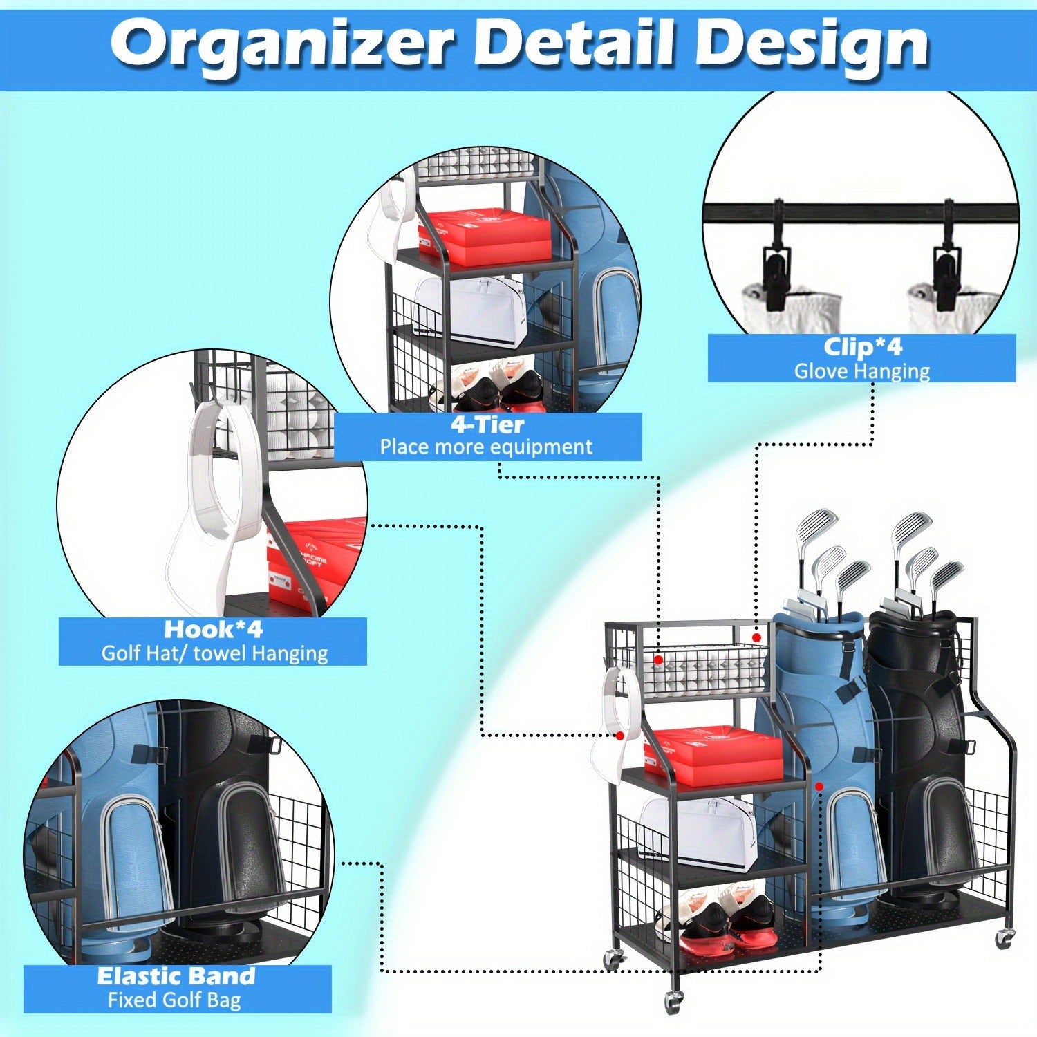 Golf Bag Storage Rack & Organizer for Garage – Extra Large Golf Club Holder Stand for 2 Bags, Heavy Duty Golf Equipment Accessories with Optional Side Pocket