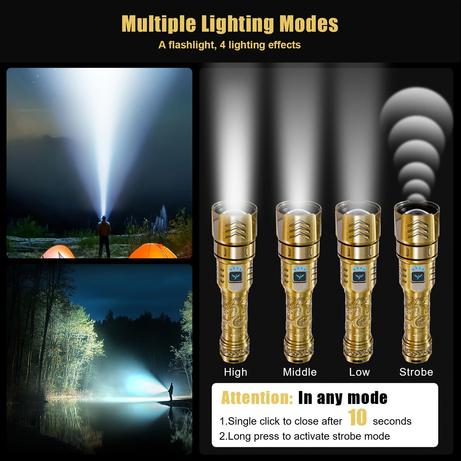 Rechargeable Flashlight 4000mAh - 1000 Lumen Dragon Pattern LED Torch, Zoomable Beam, Fire Starter Lens, 4 Modes, Aluminum Alloy for Camping, Outdoor & Emergency Use