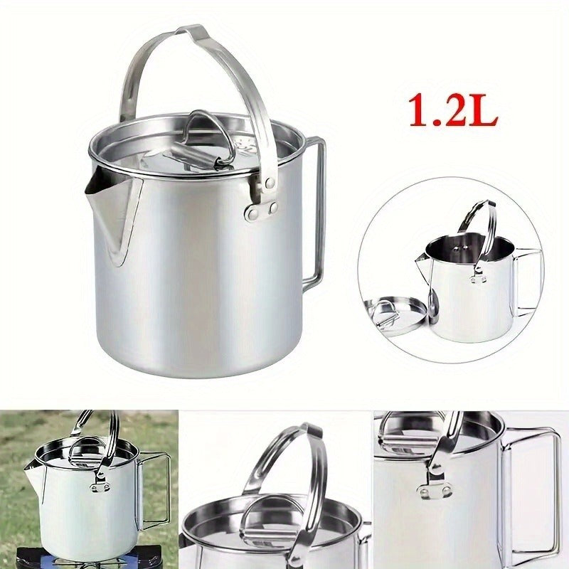 Stainless Steel Camping Kettle 1.2L Collapsible Hanging Portable Outdoor Teapot with Lid for Camping Hiking Picnic Backpacking Campfire Boiling Water Tea Coffee Lightweight Camp Cookware