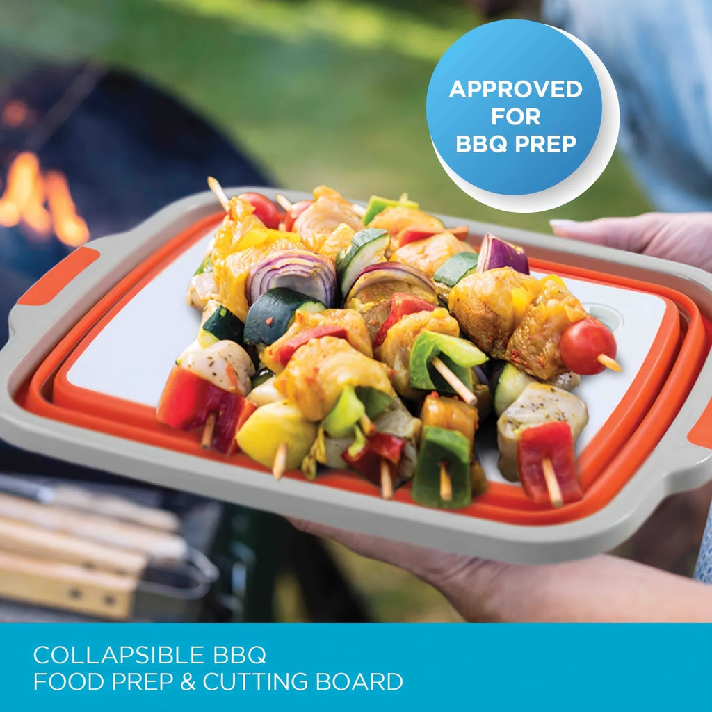 Collapsible BBQ Prep Caddy with Cutting Board & Lid - 3-in-1 Foldable Grill Preparation Tub, Food-Safe Plastic, Washing Basket & Marination Container - Orange