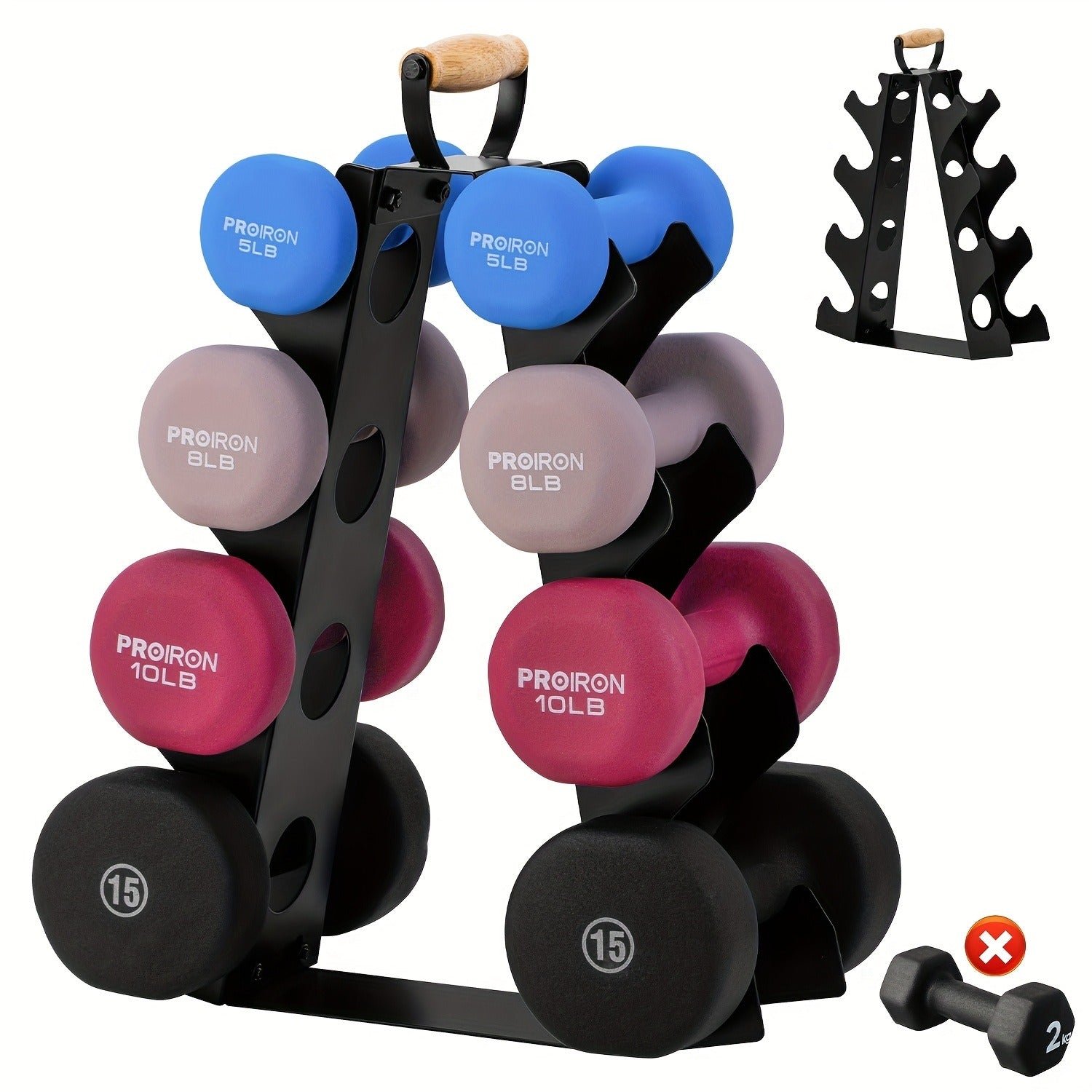 Weight Rack Stand 4-Tier A-Frame with Wooden Handle – Space-Saving Dumbbell Storage for Home Gym, Holds 5–15LB Hex & Rubber Dumbbells, Easy Assembly
