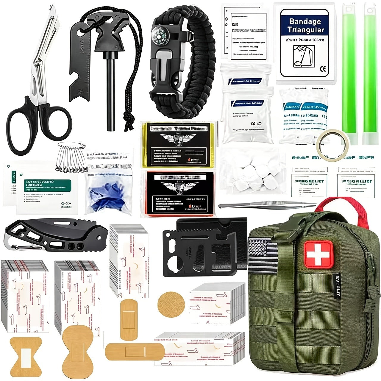 217 Piece Survival Kit with First Aid Kit & Molle Storage Bag - Emergency Gear Set for Camping, Hiking, Outdoor Adventure, Home & Office, Perfect Gift for Men, Dad, Husband, Son - Orange Green Khaki Black Red Camouflage