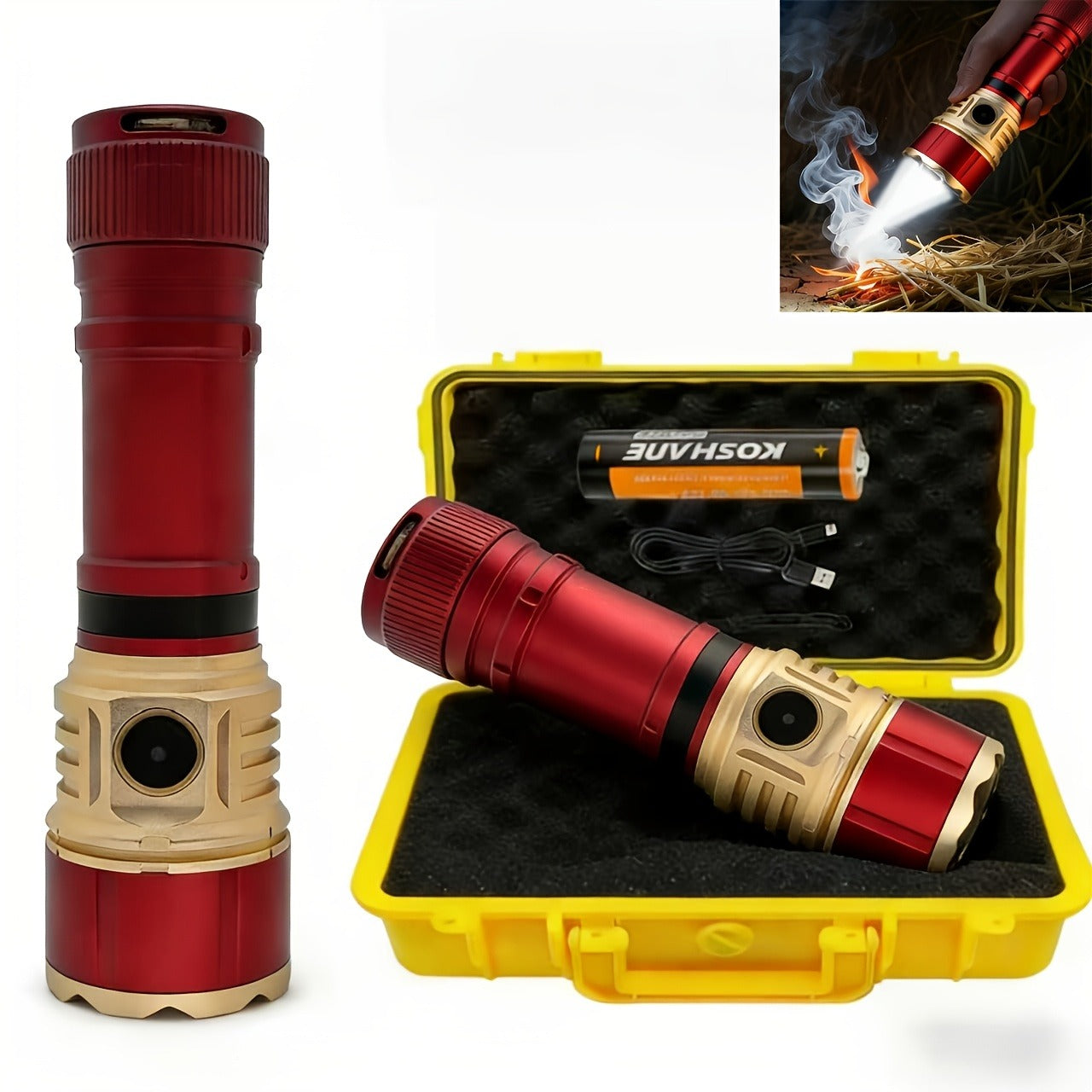 Tactical Flashlight with Fire Starter - Fresnel Lens Igniter, 3000 Lumen LED, 21700 Rechargeable Battery, Zoomable Aluminum Torch for Camping, Hiking, Emergency & Outdoor Survival