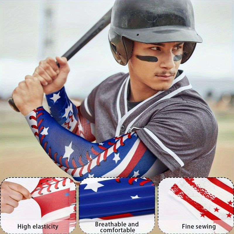 Patriotic Baseball Arm Sleeves 2 Pairs – American Flag Star Design Compression Sports Elbow Covers, Anti-Slip UV Protection for Men Women, Ideal for Games Parties Outdoor Events