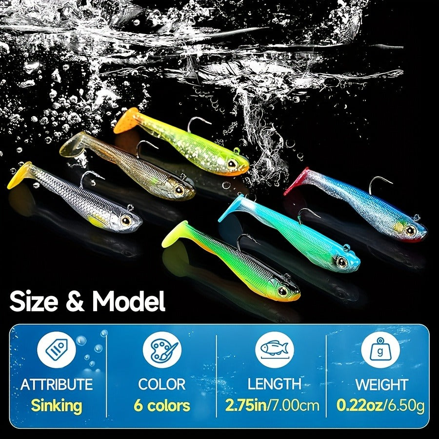 Paddle Tail Soft Bait 6pcs Pre-Rigged Jig Head Lure for Sea Bass Trout Fishing – Saltwater & Freshwater Swimbait Sinking Soft Plastic Fishing Lure Set