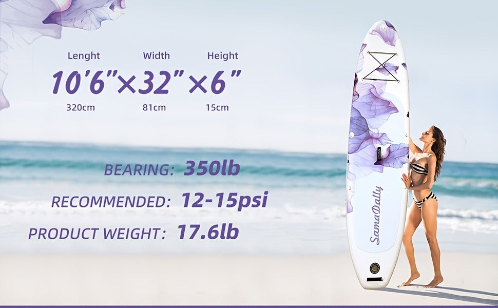 Floral Inflatable SUP Board 10.6ft x 32'' Purple Flower Pattern EVA Non-Slip Deck with Hand Pump Waterproof Bag Removable Fin Leash for All Skill Levels
