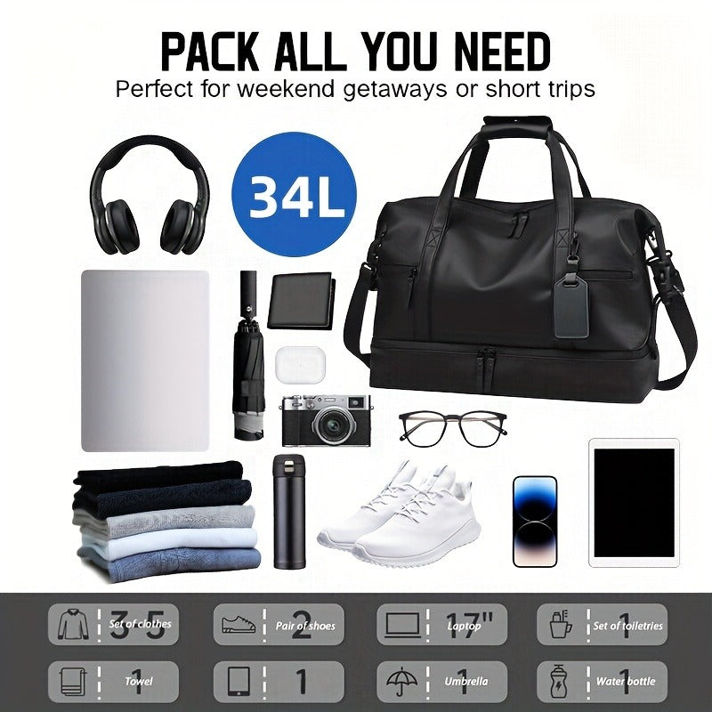 Gym Duffel Bag with Wet Pocket & Shoe Compartment - Foldable PU Leather Sports Travel Bag for Workouts, Weekend Trips & Everyday Use, Lightweight Carry-On Luggage Bag for Men Women (Black/Blue/Grey)