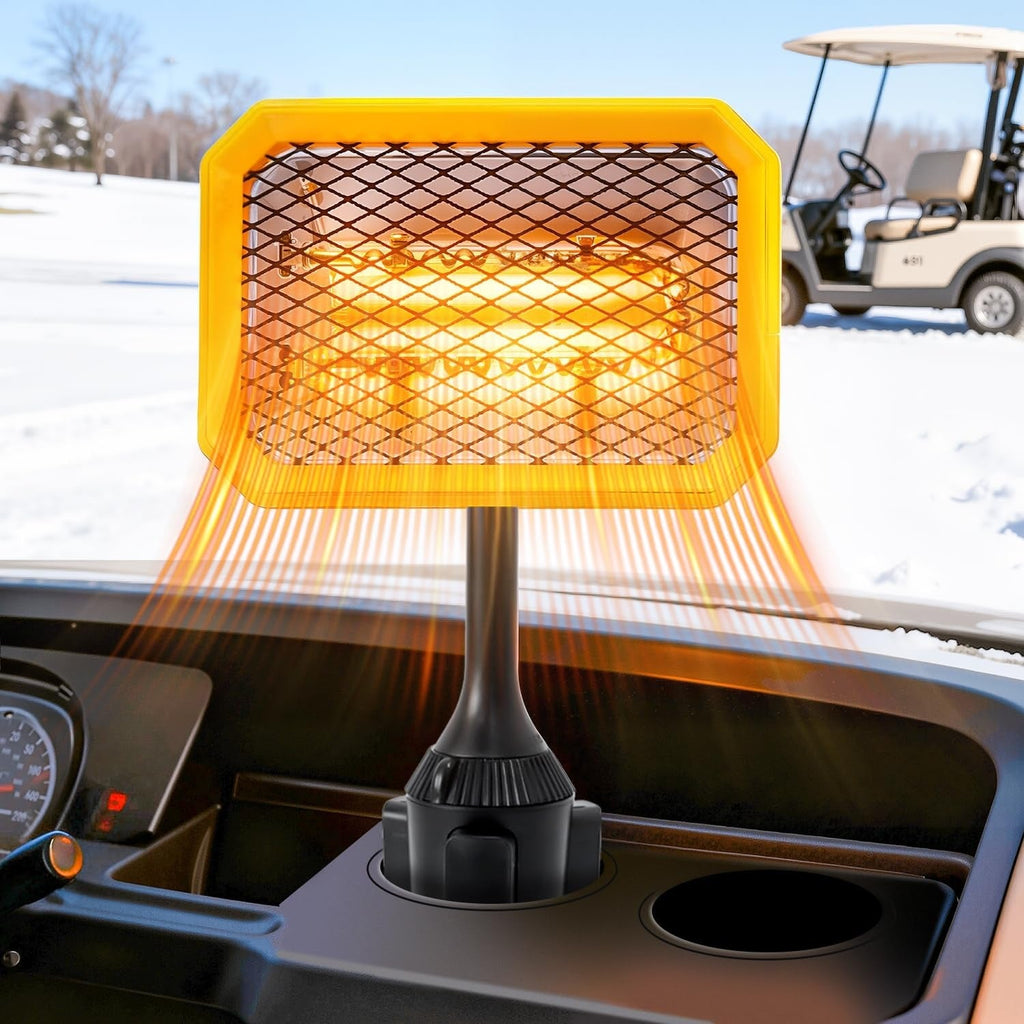 400W Electric Golf Cart Heater Carbon Fiber Fast Heating 360° Adjustable Angle Battery Powered Portable Heater with Cup Holder Adapter Compatible with 48V Golf Cart Systems Golf Cart Accessories