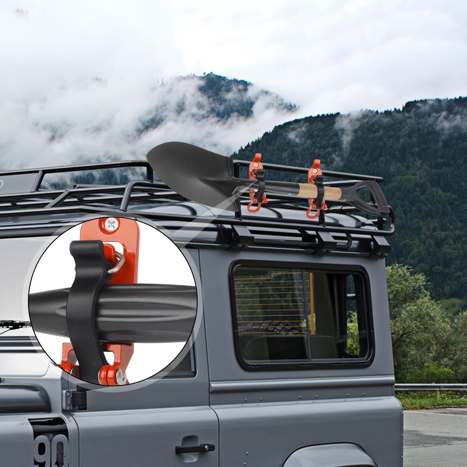 Roof Rack Shovel Mount 2-Pack – Metal Clamp Bracket Kit with Rubber Clamps, Quick Release Axe Holder for Roof Rack, Truck Bed, Boat, RV & Trailer, Fits Shovels, Axes & Long Handle Tools