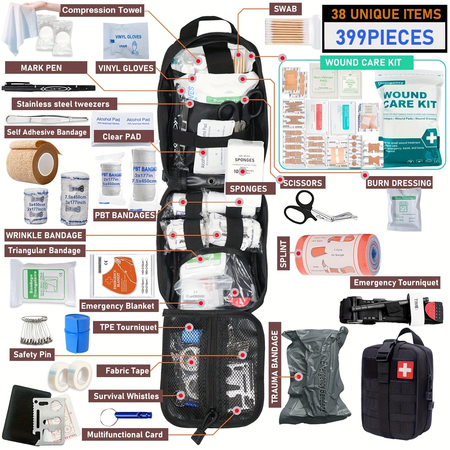 First Aid Kit 399pcs / 99pcs Professional Portable Survival Gear with Splints Scissors Tweezers for Hiking Camping Hunting Car Travel Emergency