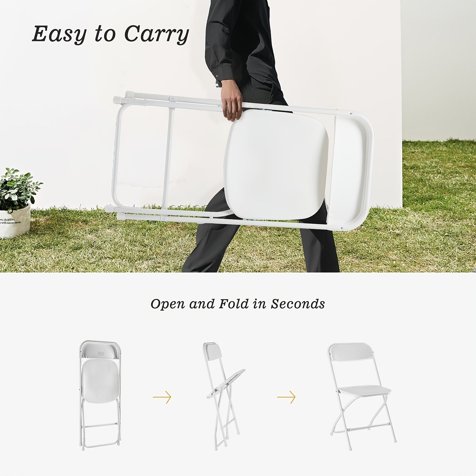 Commercial Folding Chairs Stackable – 350lb Heavy Duty Steel Frame, Weather Resistant Plastic, Indoor & Outdoor Event Seating – White or Black, 4 to 20 Pack for Weddings & Parties