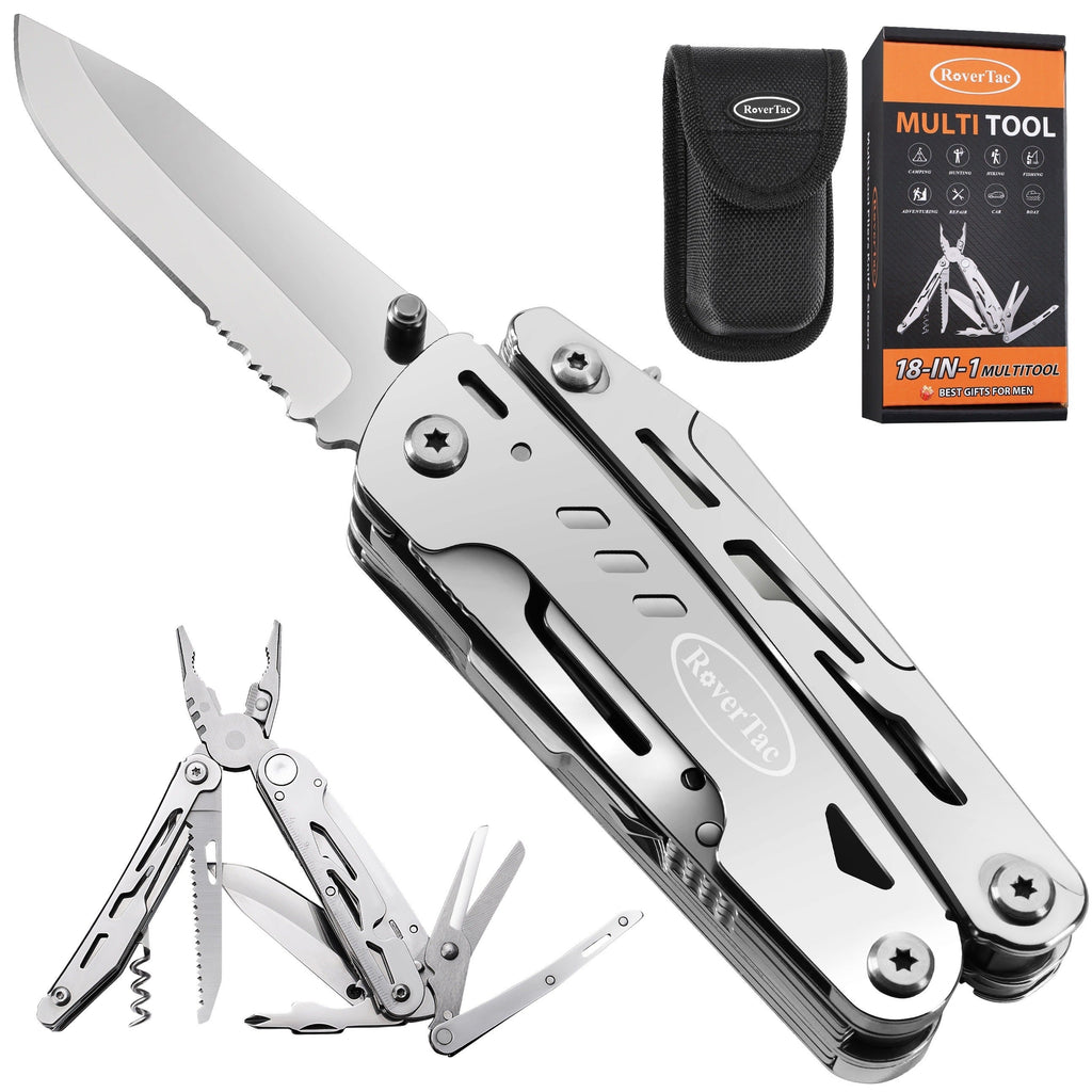 18-in-1 Stainless Steel Multitool Pocket Knife – Pliers, Scissors, Saw, Corkscrew & 9 Screwdrivers with Safety Lock & Nylon Sheath – EDC Multi-Tool for Camping, Hiking & Survival