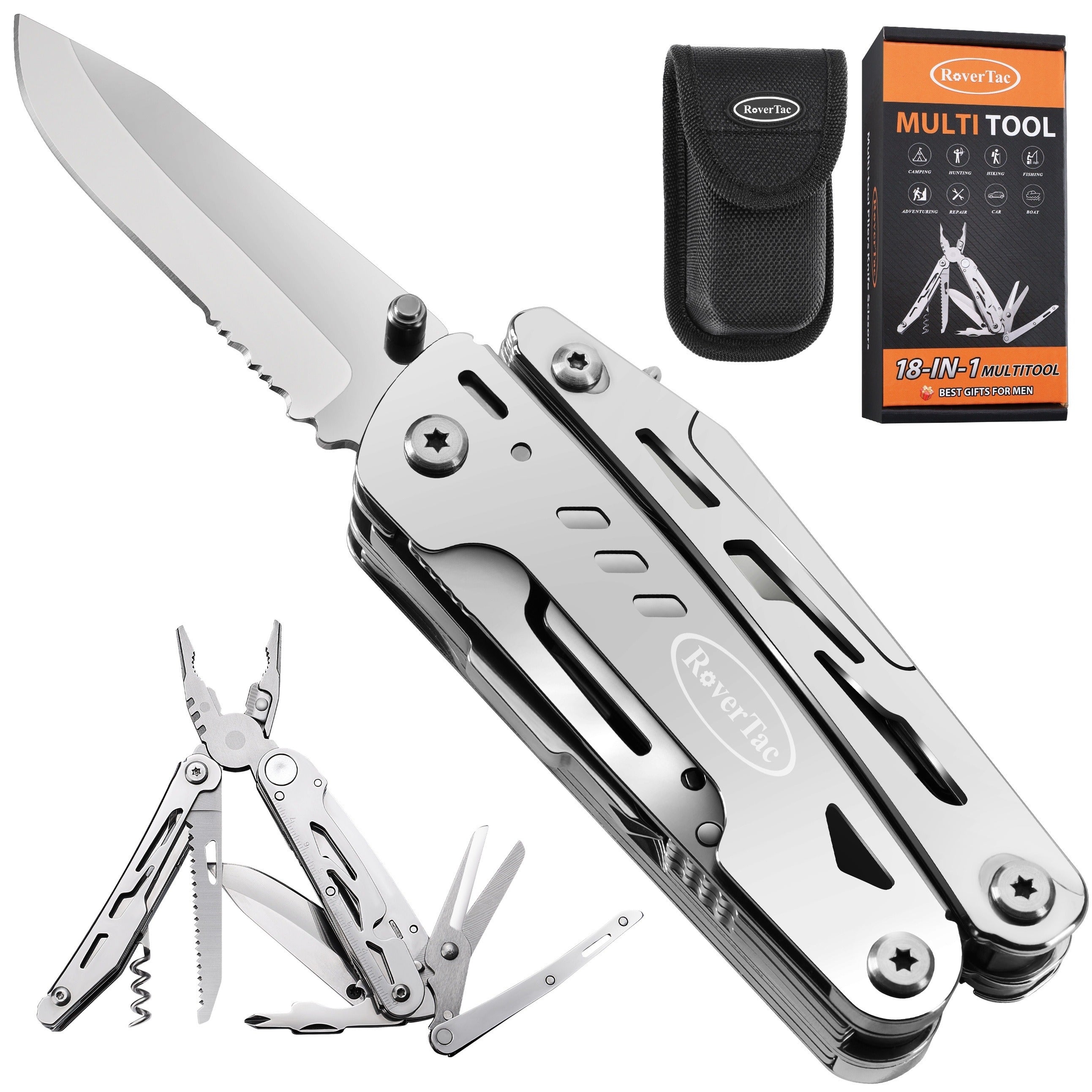 18-in-1 Stainless Steel Multitool Pocket Knife – Pliers, Scissors, Saw, Corkscrew & 9 Screwdrivers with Safety Lock & Nylon Sheath – EDC Multi-Tool for Camping, Hiking & Survival