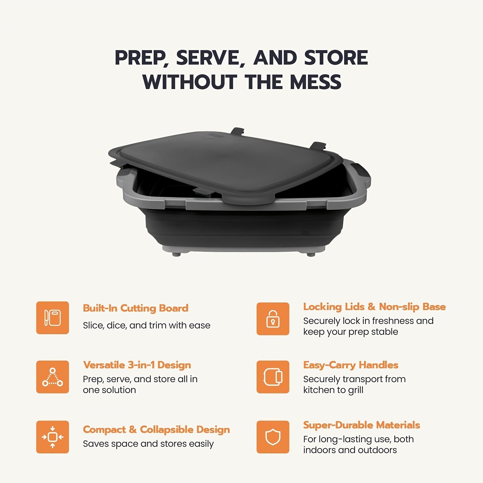 Collapsible BBQ Prep Tub 3-in-1 Grill Caddy – Cutting Board, Washing Basket & Prep Station | Food-Grade Plastic, Drainage Hole, Foldable for Camping & Outdoor Grilling