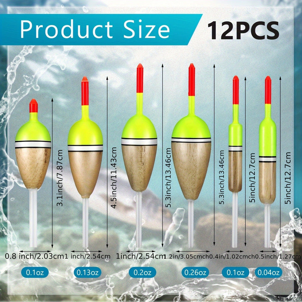 Wooden Fishing Floats 12-Pack – 6 Sizes Slip Bobber Set for Crappie, Bluegill, Trout, Bass, Panfish, Catfish & Walleye | Freshwater Fishing Gear Accessories