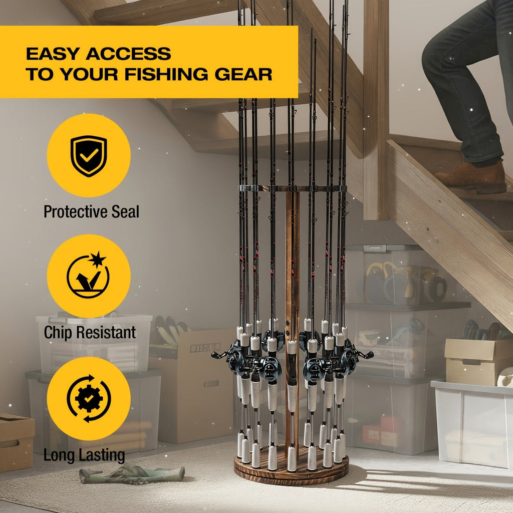 Wooden Fishing Rod Rack 360 Degree Rotating Circular Holds 16 Rods Space Saving Fishing Pole Organizer for Garage Home Storage