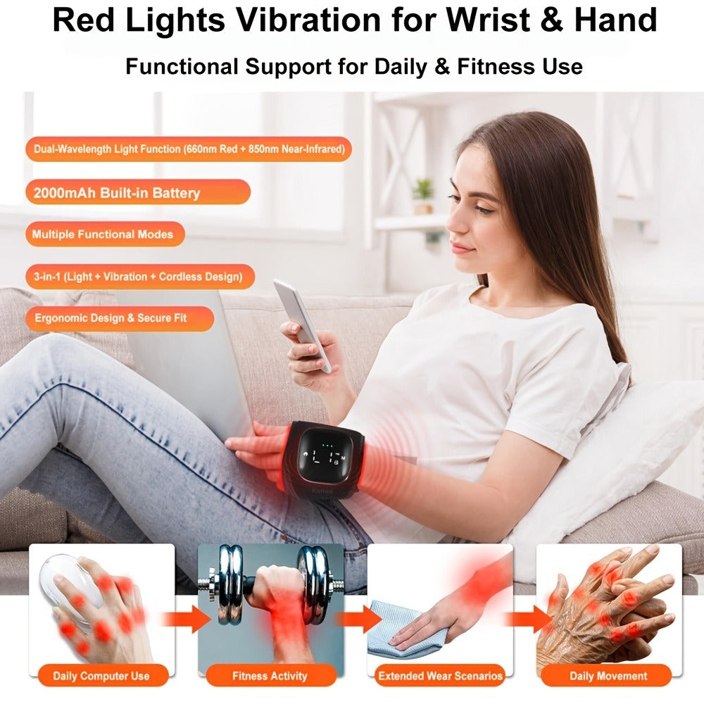 Red Light Therapy Wrist Wrap 660nm 850nm - Infrared LED Wrist Brace with Vibration for Hand & Wrist Pain Relief, Adjustable Strap Fits Left & Right Hand, Unisex Wearable Recovery Device for Office & Daily Use