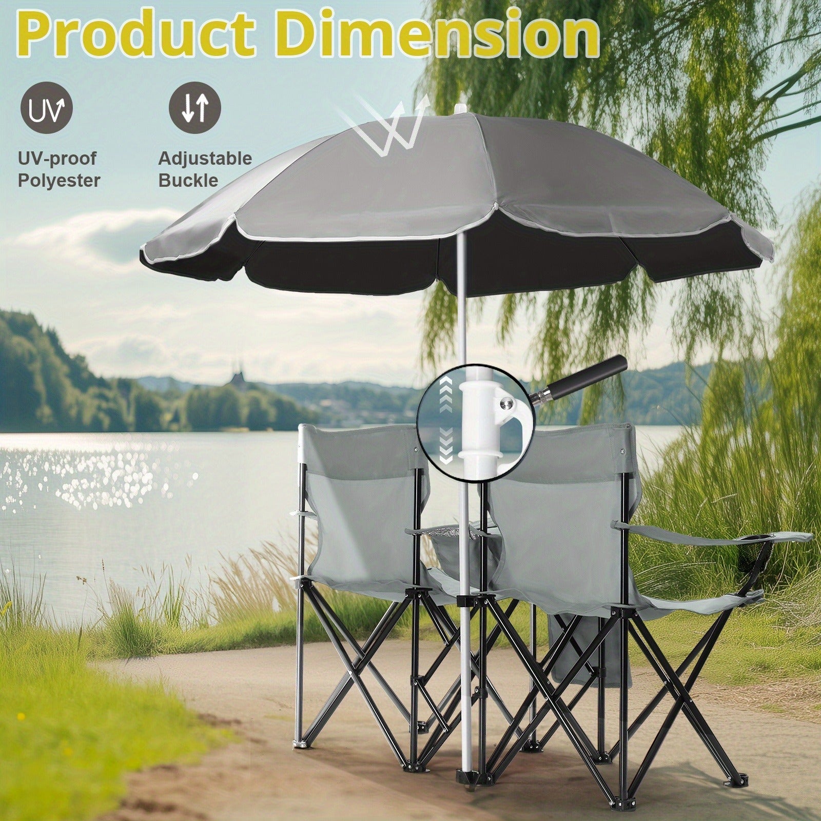 Folding Fishing Chair with Sun Umbrella – 2-Seat Portable Outdoor Chair, Iron Alloy Frame & Oxford Fabric, Built-In Storage Bag & Carry Bag, for Beach, Patio, Camping & Sunbathing, 4 Colors