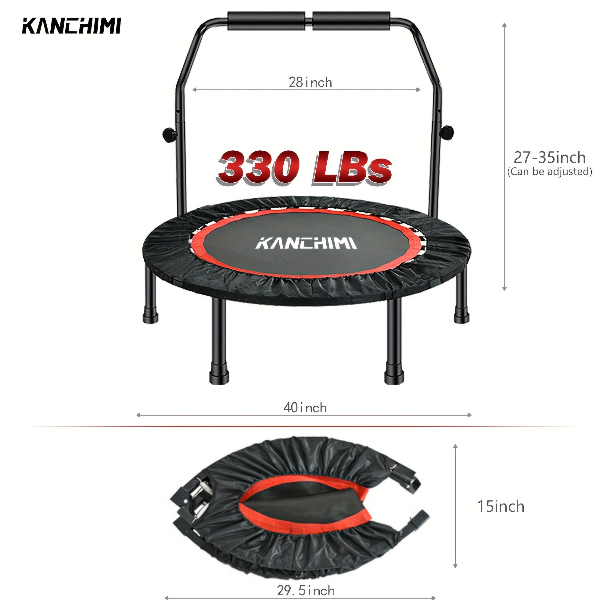 Mini Trampoline Rebounder 40" for Adults 330LB Capacity with Balance Bar Indoor Outdoor Fitness Cardio Exercise Trampoline