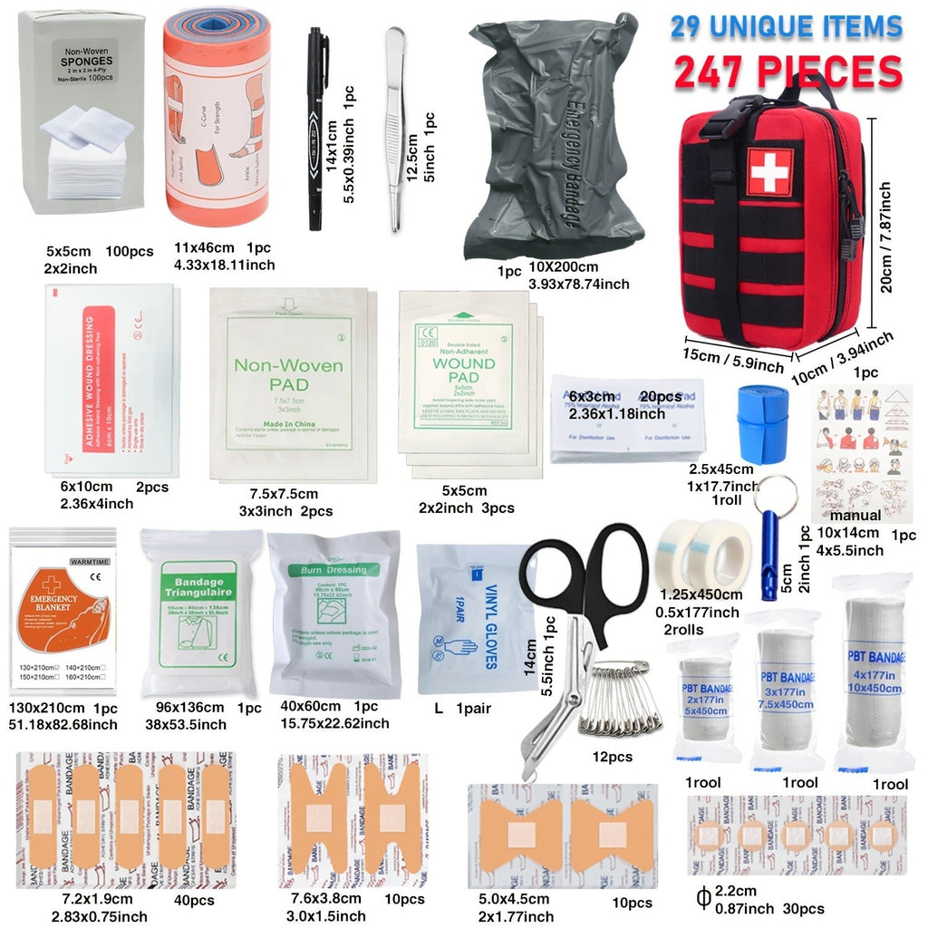 247pcs IFAK Trauma First Aid Kit with CAT Tourniquet and MOLLE Medical Backpack, Fully Stocked Bleeding Control Wound Care Splinting Airway Management Kit for EMT Military Camping Travel Home FSA HSA