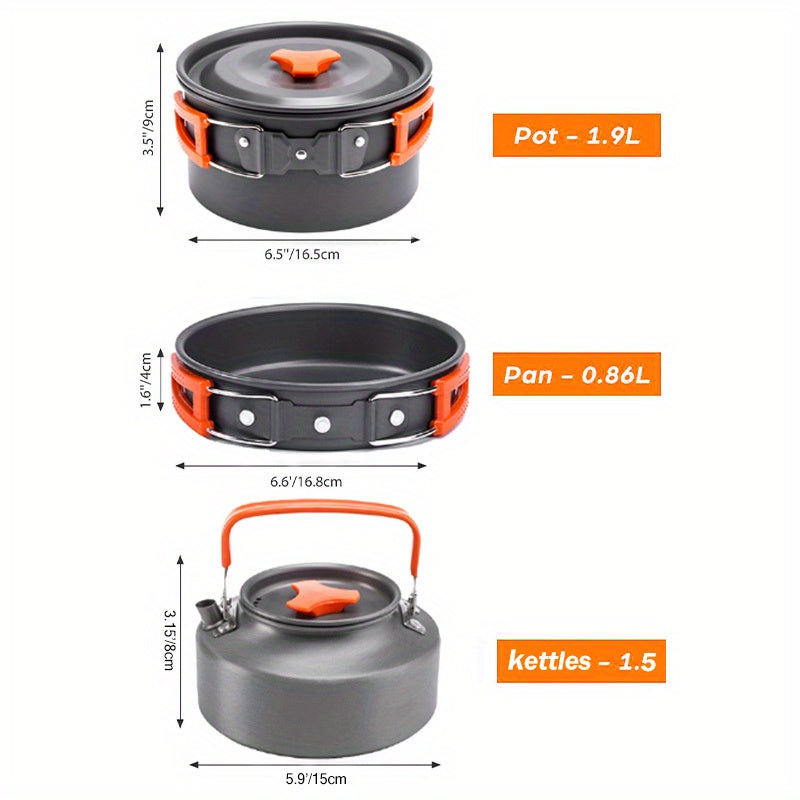 Camping Cookware Set for 2-3 People, Portable Aluminum Outdoor Cooking Kit with Pot, Frying Pan, Kettle & Cutlery, Lightweight Foldable Camp Kitchen Gear for Hiking, Backpacking & Travel