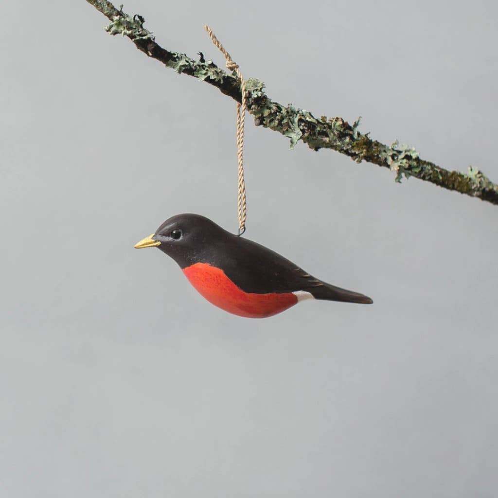Hand Carved Hanging Ornament - Robin Bird - 2.5"H