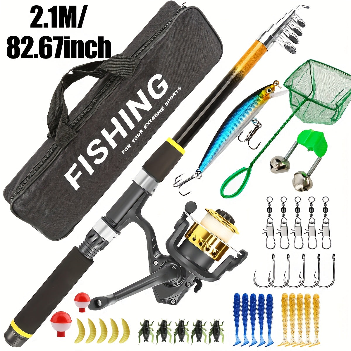 Baitcasting Rod and Reel Combo Set – Medium-Fast Action Telescopic Fishing Rod with Line, Lures, Accessories Box & Carry Bag, Ambidextrous Design for Beginners